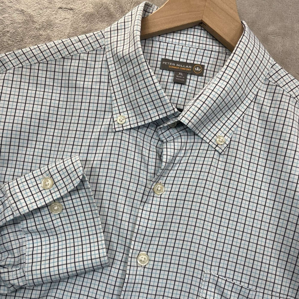 Peter Millar Shirt Mens Large Blue Plaid Summer Comfort Performance Long Sleeve